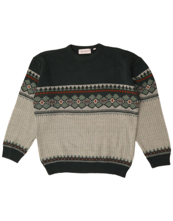 Vintage męski sweter z okrągłym dekoltem, duży, zielony, akryl Fair Isle
