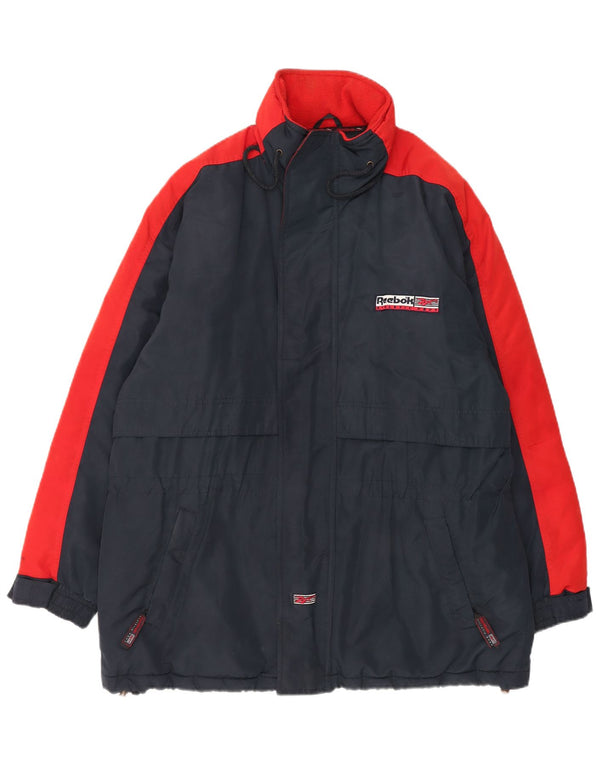 Męski płaszcz wiatrówkowy Reebok z kapturem UK 40, duży niebieski poliester z blokami kolorów
