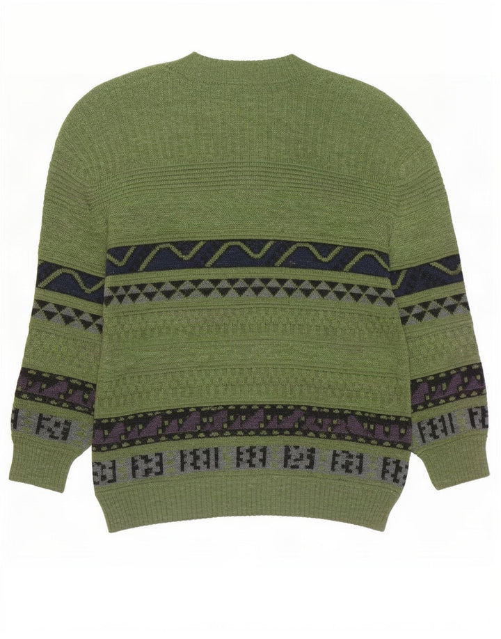 Vintage męski sweter z okrągłym dekoltem, średnio zielony, geometryczny