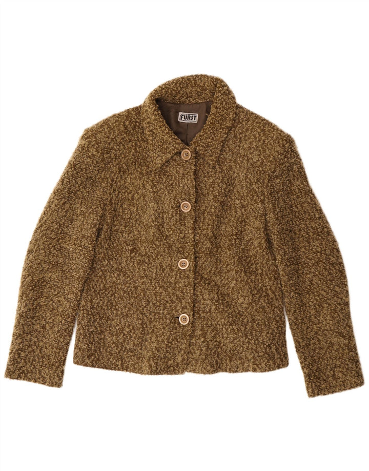 Vintage damska marynarka zapinana na 4 guziki UK 14, średni khaki, nakrapiany akryl