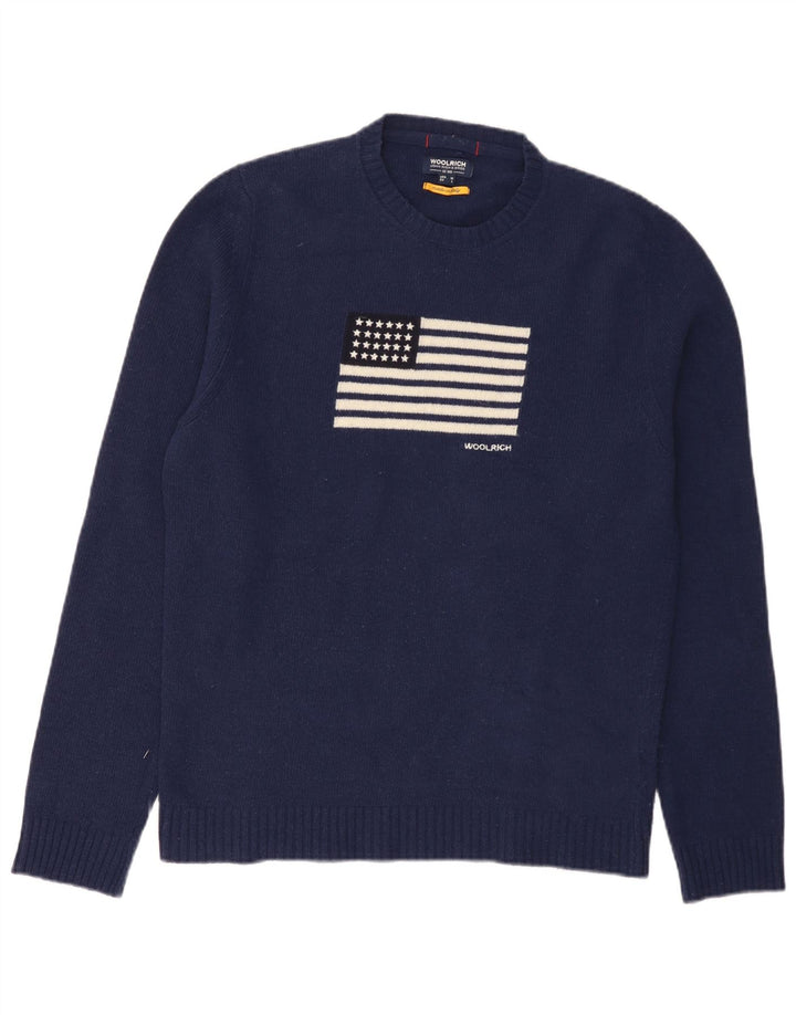 Woolrich Męski sweter z graficznym wycięciem pod szyją, średni granatowy wełniany USA