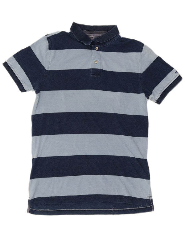 Tommy Hilfiger Mens Slim Fit Polo Shirt Medium Navy Blue Striped Cotton