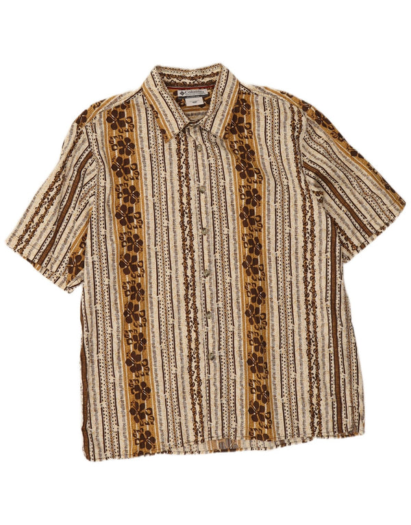 Columbia Mens Short Sleeve Shirt Large Beige Striped Cotton