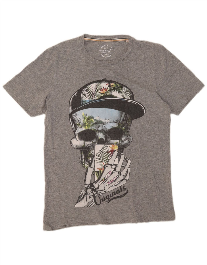 Męski T-shirt z grafiką JACK & JONES, mały, szary, nakrapiany