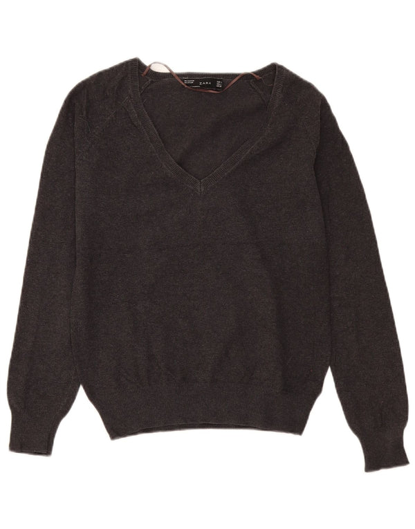 Sweter damski Zara z dekoltem w kształcie litery V, UK 14, duży, szary, bawełniany