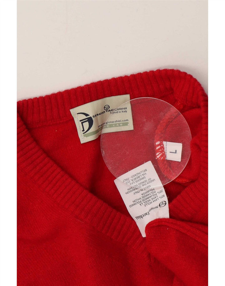 Sergio Tacchini Męski sweter z dekoltem w kształcie litery V, duży, czerwony, wełniany