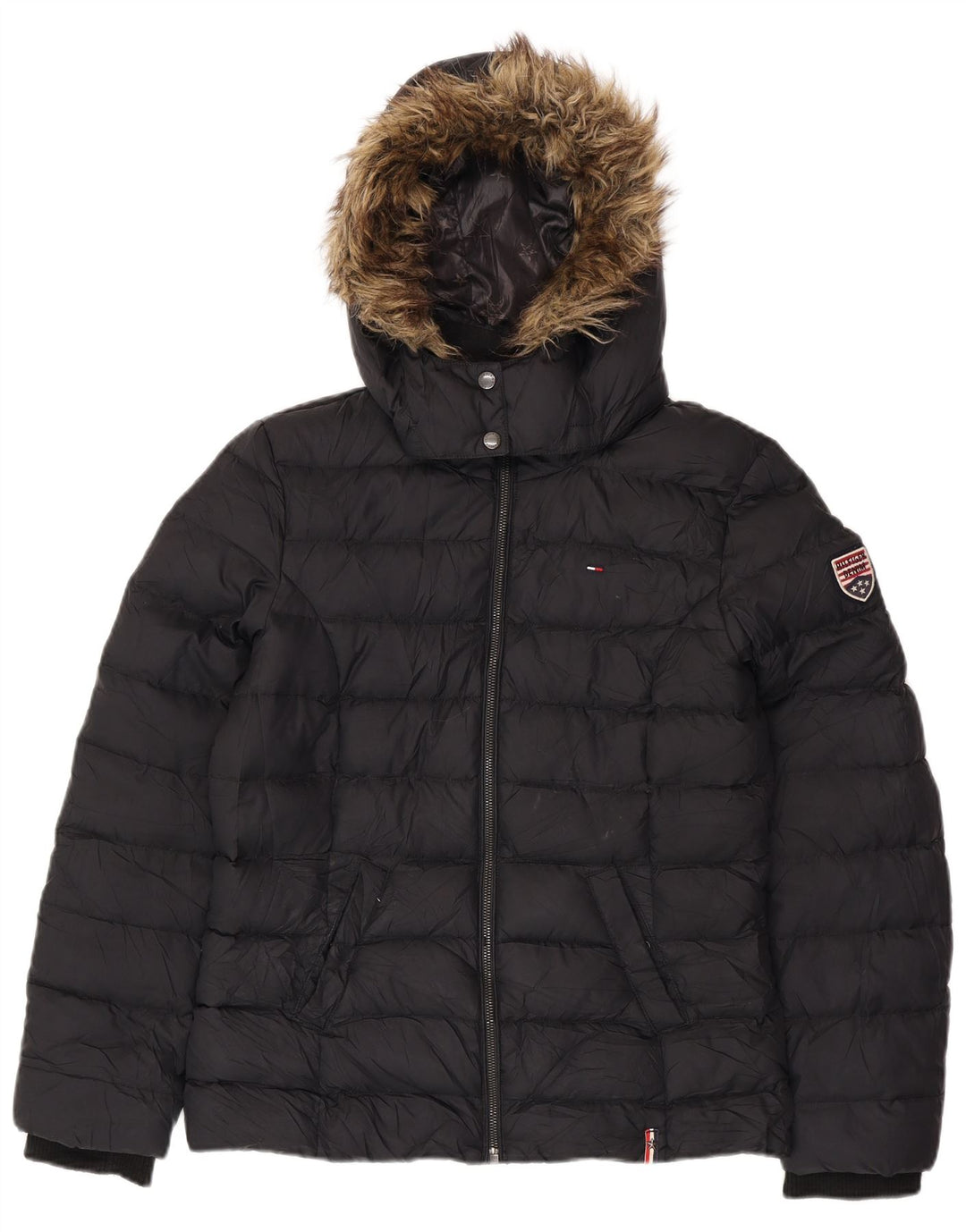 Damska ocieplana kurtka z kapturem TOMMY HILFIGER UK 16, duża, czarna, poliester