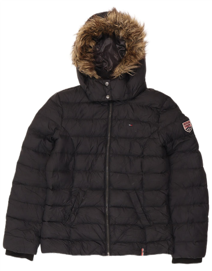 Damska ocieplana kurtka z kapturem TOMMY HILFIGER UK 16, duża, czarna, poliester