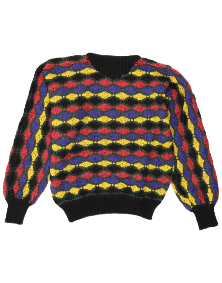 Sweter damski w stylu vintage z dekoltem w łódkę IT 46, duży, wielokolorowy, geometryczny