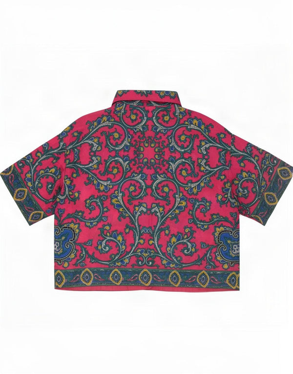 Damska bluzka z krótkim rękawem w stylu vintage, krótka, UK 10, mała, różowa, paisley
