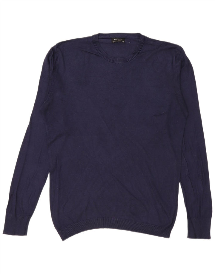 Męski sweter Zara z okrągłym dekoltem, duży, granatowy