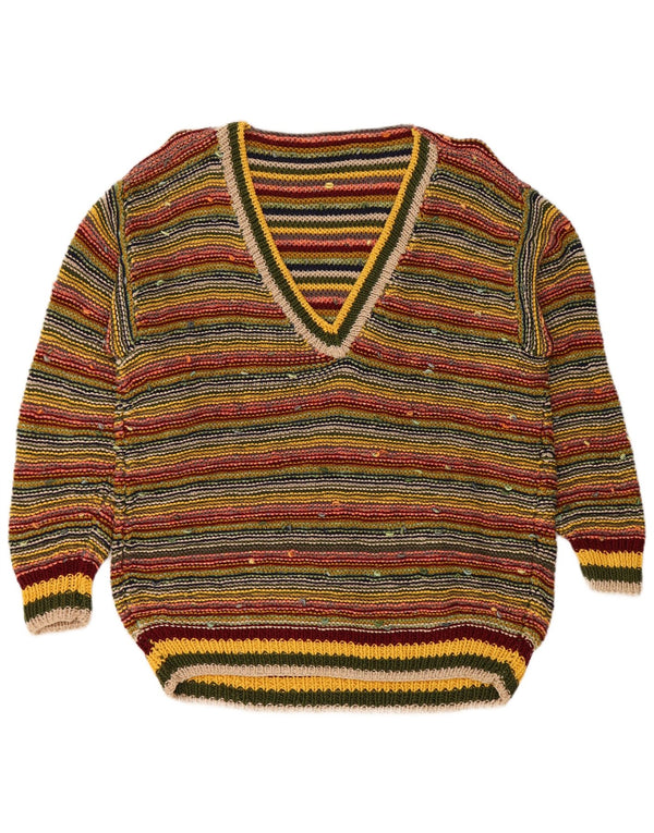 Sweter damski w stylu vintage z dekoltem w kształcie litery V, UK 16, duże, wielokolorowe paski