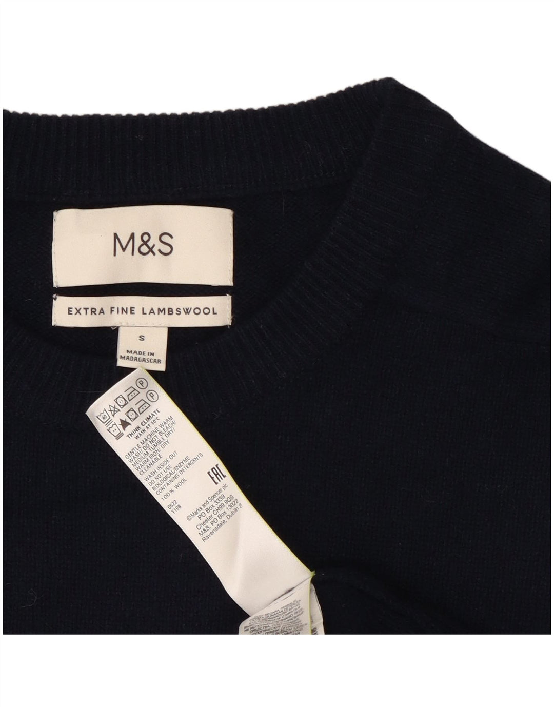 Marks & Spencer Męski sweter z okrągłym dekoltem, mały, granatowy, wełniany