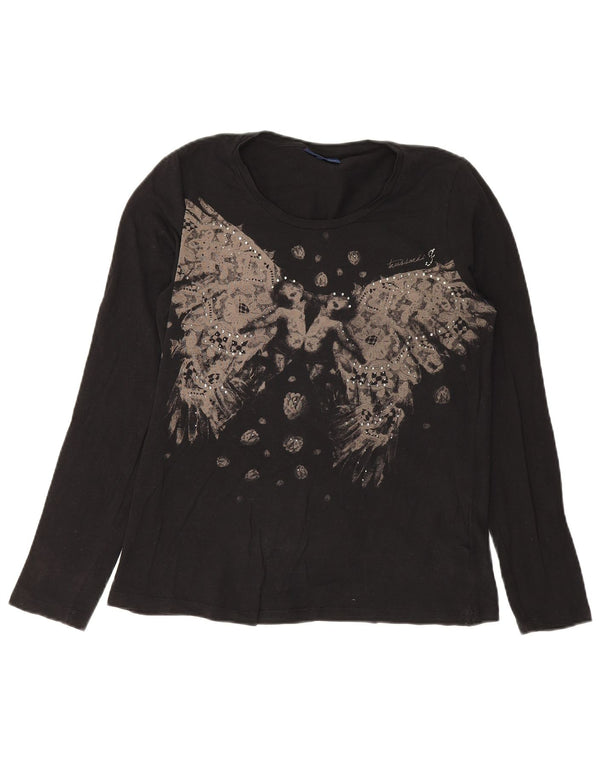 Damski top graficzny Trussardi Jeans z długim rękawem, UK 14, duży, czarny, bawełniany