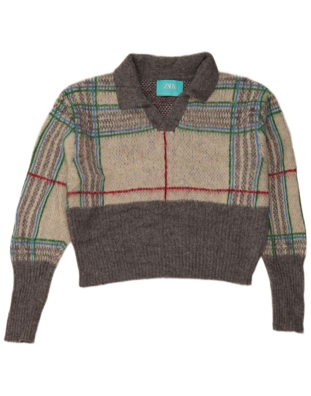 Damski sweter oversize z krótkim rękawem Zara, UK 14, średni szary w kratkę