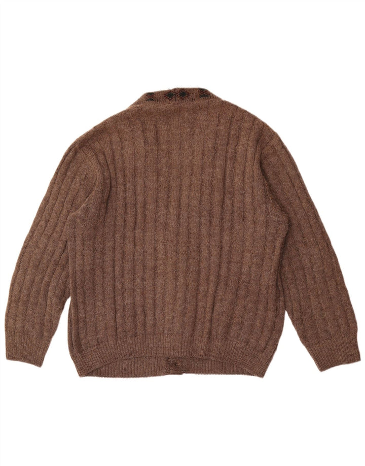 Vintage męski sweter rozpinany, duży, brązowy, geometryczny