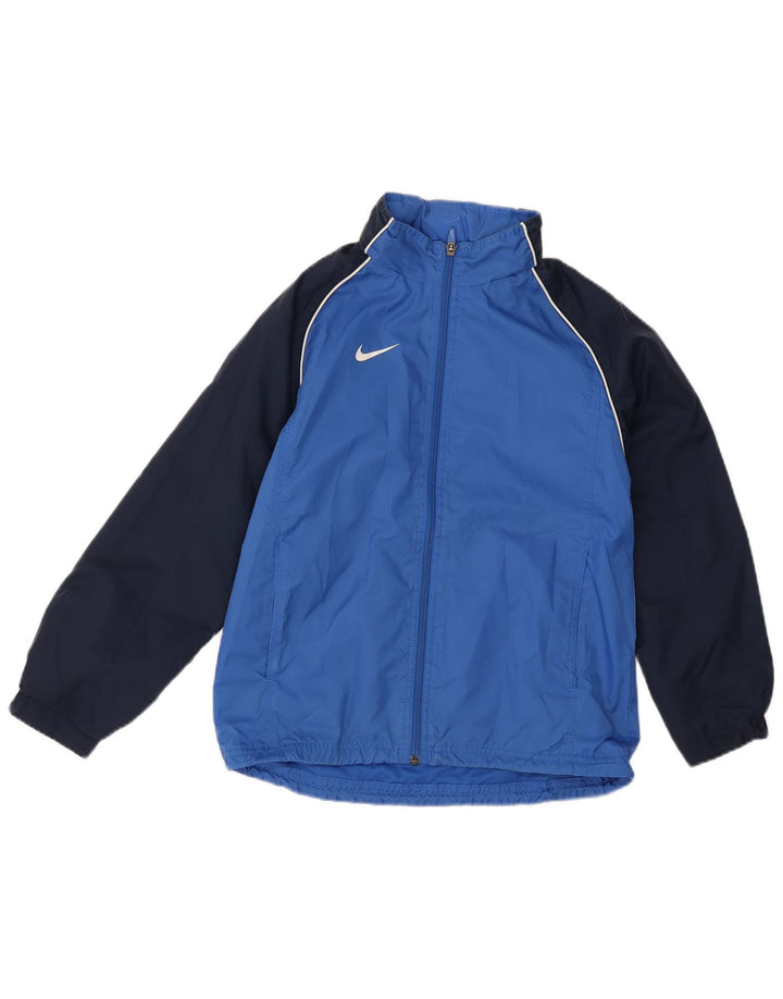 Chłopięca kurtka przeciwdeszczowa Nike z kapturem, 10-11 lat, nylon w kolorze średniego niebieskiego