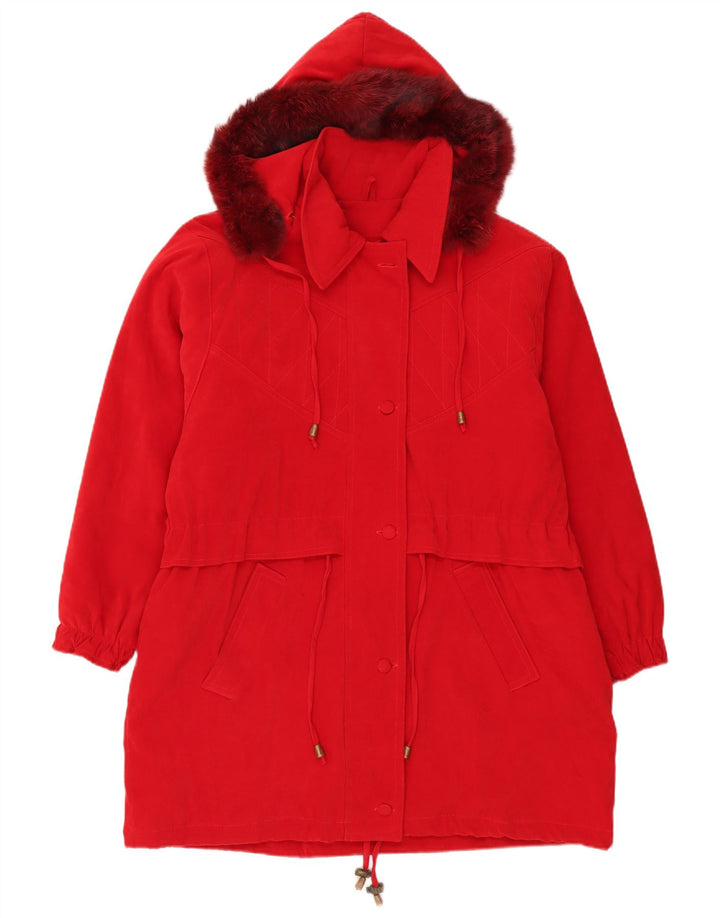 Vintage damska kurtka parka z kapturem, oversize UK 18 XL, czerwony poliester