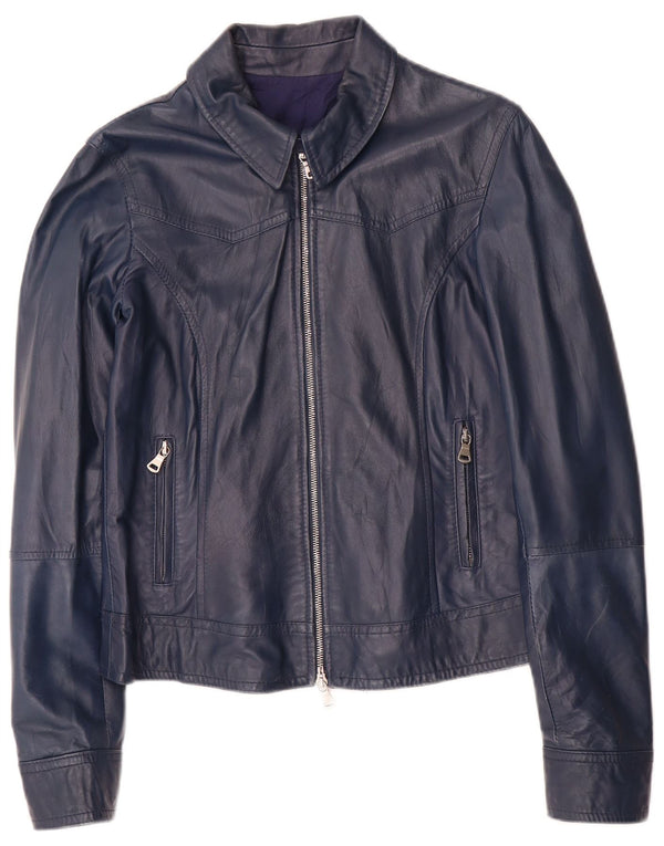 Vintage damska kurtka skórzana typu Crop UK 14, duża, granatowa, skórzana