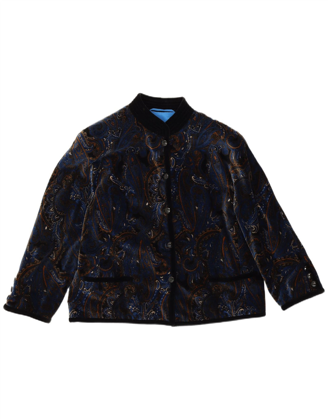 VINTAGE Damska aksamitna marynarka zapinana na 5 guzików UK 14, duża niebieska paisley