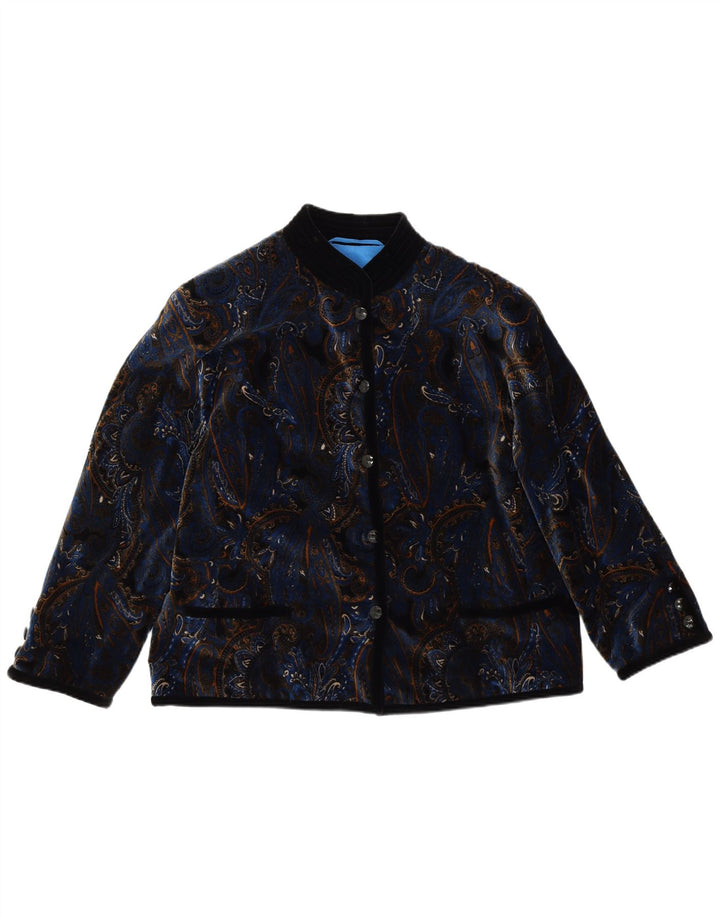 VINTAGE Damska aksamitna marynarka zapinana na 5 guzików UK 14, duża niebieska paisley