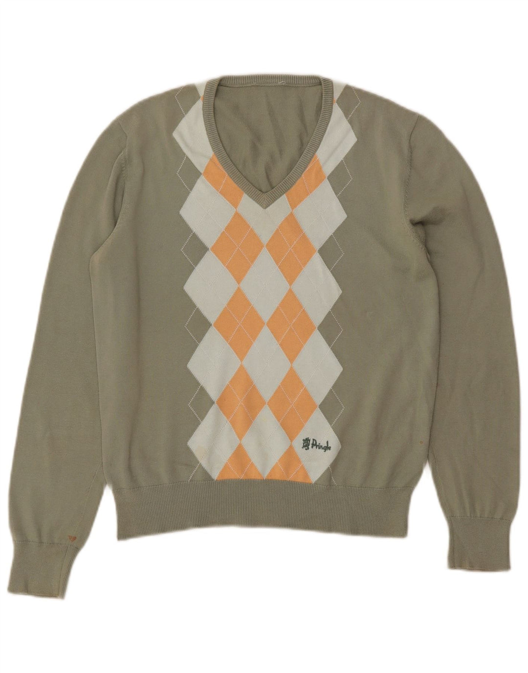 Sweter damski PRINGLE z dekoltem w kształcie litery V, UK 14, średni khaki, argyle/diament
