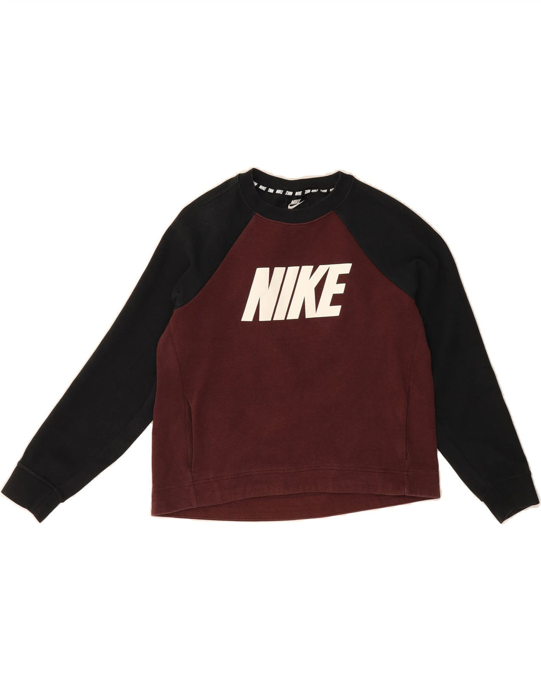NIKE Womens Oversized Sweatshirt Jumper UK 10 Small Maroon Colourblock Vintage Nike and Second-Hand Nike from Messina Hembry 
