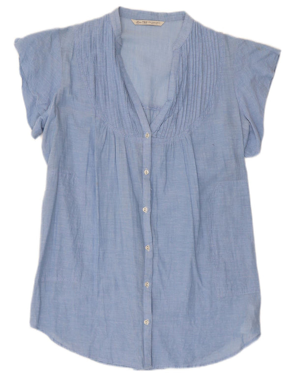 Zara Womens Short Sleeve Shirt Blouse UK 12 Medium Blue Striped Cotton