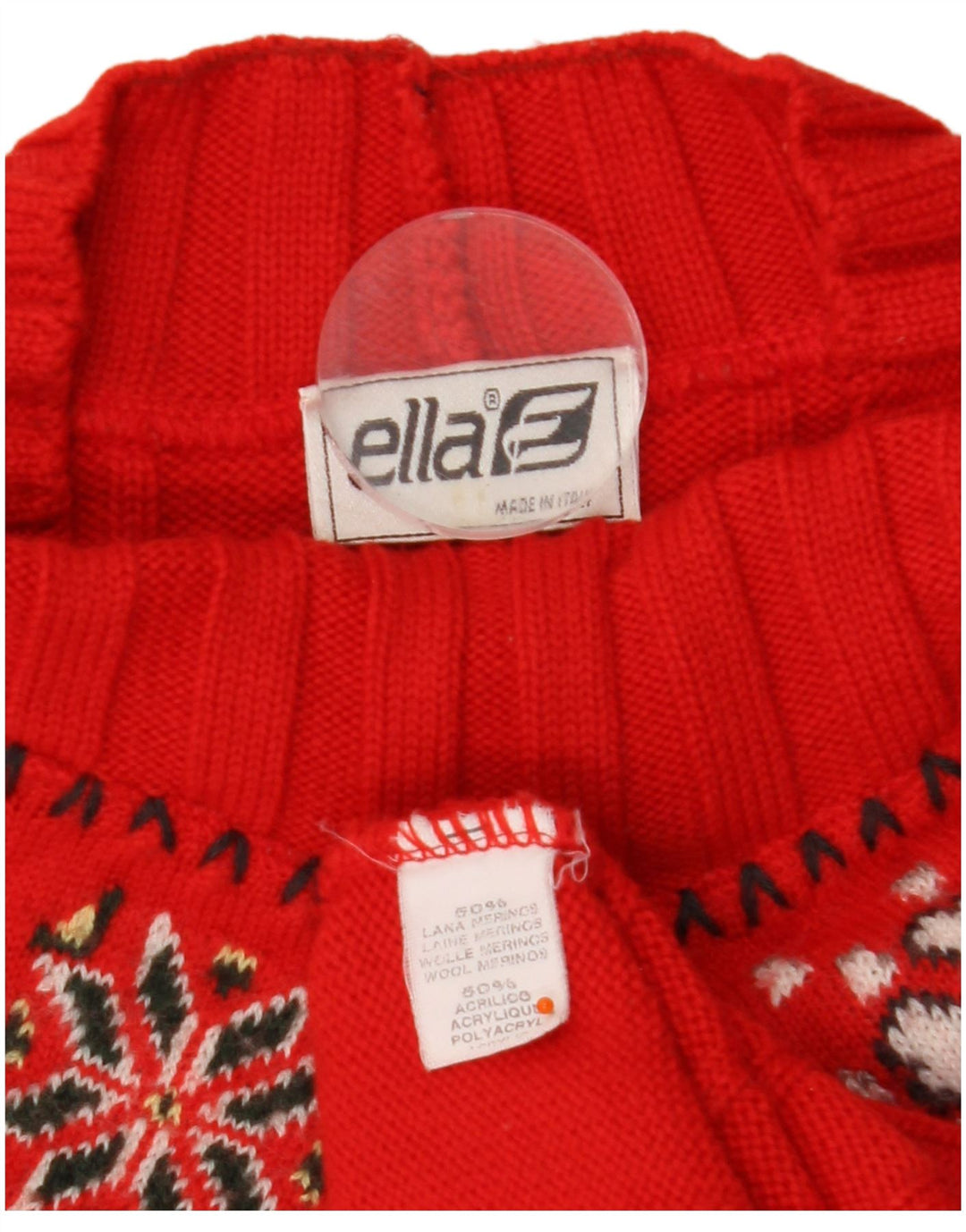 Damski sweter z golfem ELLA UK 16, duży, czerwony, wełniany Fair Isle