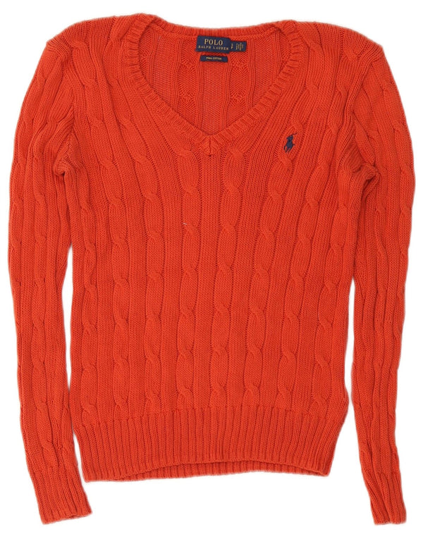 Sweter damski Polo Ralph Lauren z dekoltem w kształcie litery V, UK 8, mały, czerwony, bawełniany