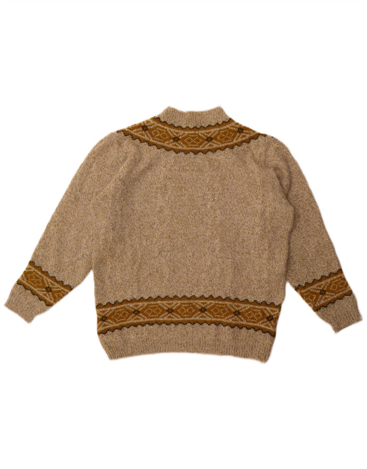 Sweter damski w stylu vintage z golfem UK 16, duży, beżowy, geometryczny, wełniany