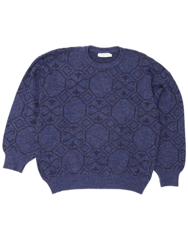 Vintage męski sweter z okrągłym dekoltem XL niebieski geometryczny