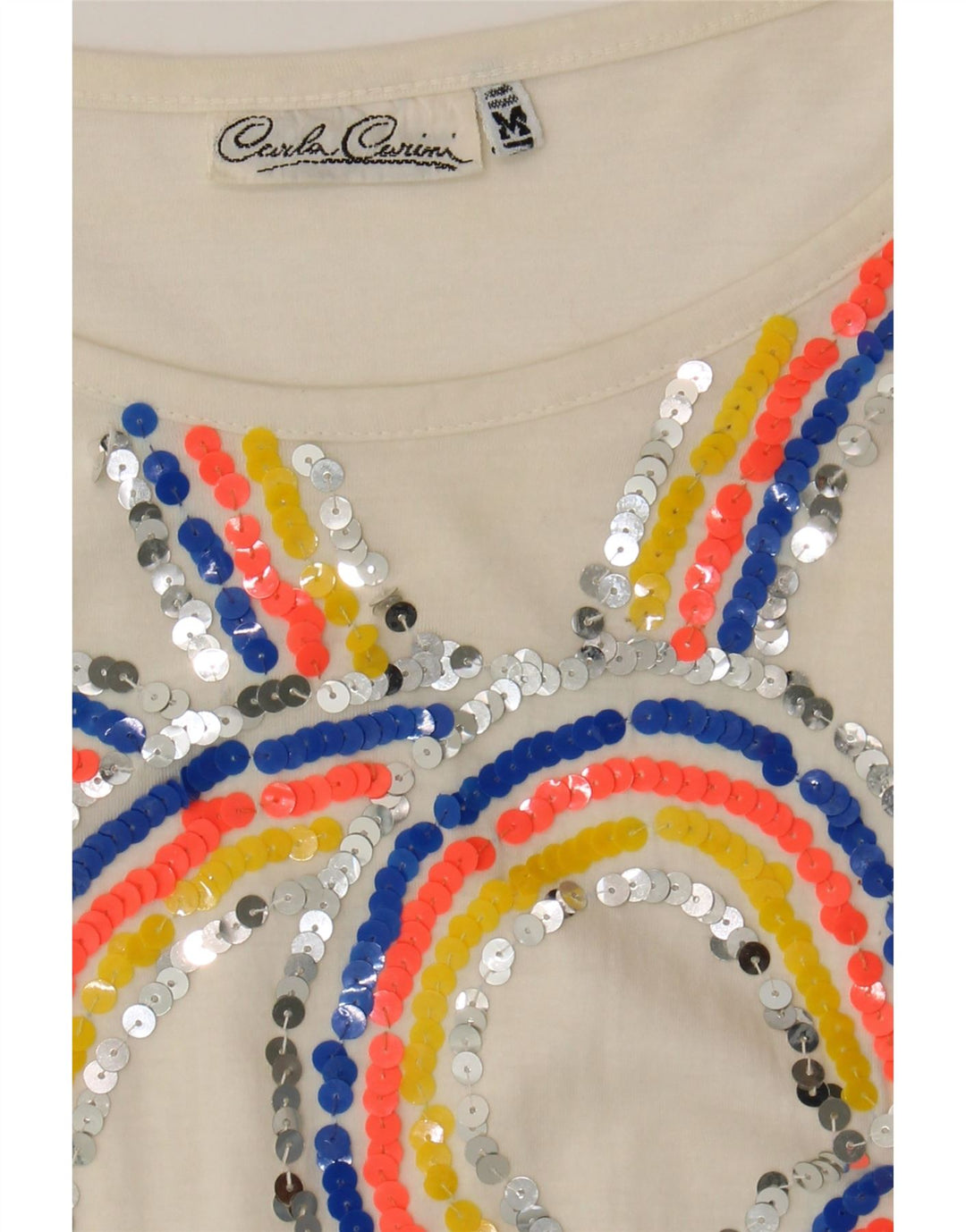 CARLA CARINI Womens Graphic Top Long Sleeve UK 14 Medium White Cotton Vintage Carla Carini and Second-Hand Carla Carini from Messina Hembry 