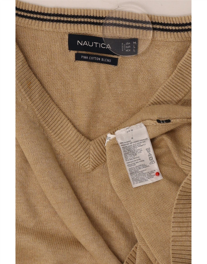 Męski sweter NAUTICA z dekoltem w kształcie litery V, średnio beżowy, bawełniany
