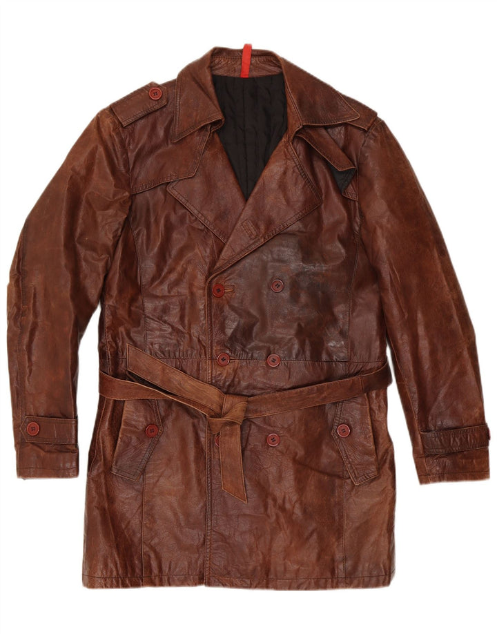 VINTAGE Męski wojskowy płaszcz skórzany z podwójnymi piersiami IT 50, duży, brązowy