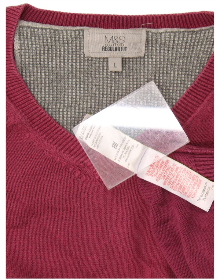 Marks & Spencer Męski sweter o regularnym kroju z dekoltem w kształcie litery V, duży, bordowy