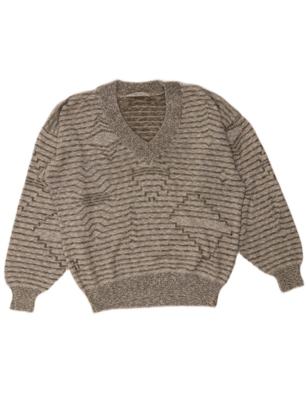 Męski sweter w stylu vintage z dekoltem w szpic, w średnie szare paski