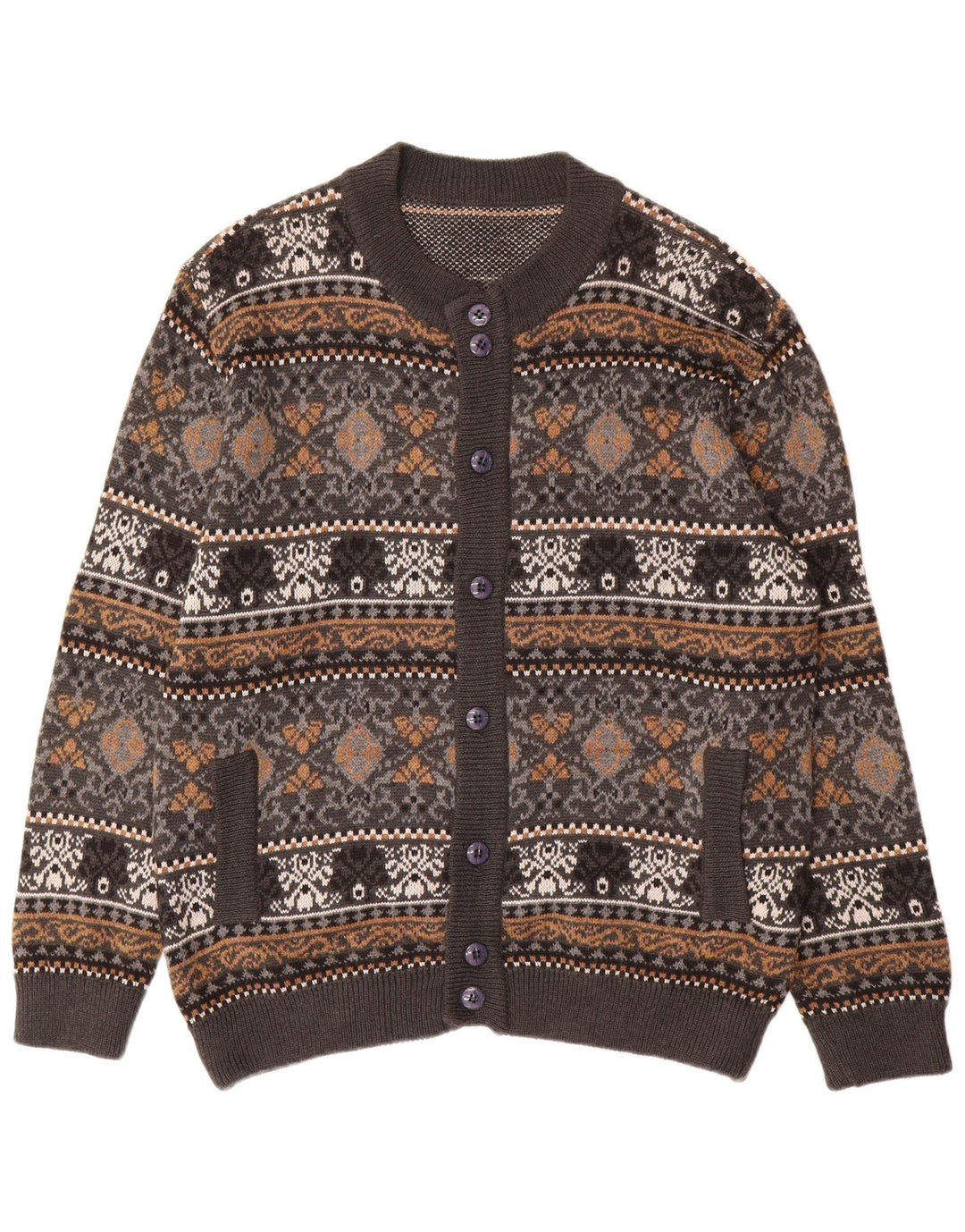 Vintage męski sweter rozpinany, duży, szary, wełniany Fair Isle
