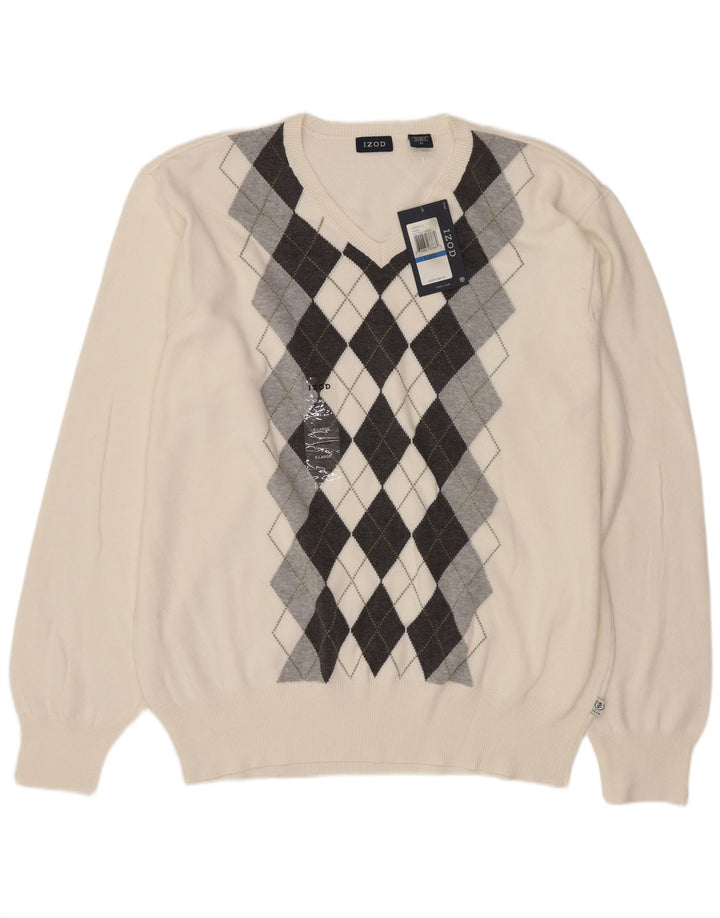 Izod Męski sweter z dekoltem w kształcie litery V, XL, biała tkanina argyle/diamentowa bawełna
