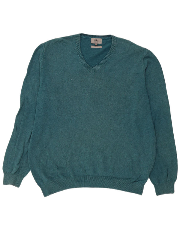 Marks & Spencer Męski sweter z dekoltem w kształcie litery V, 2XL, niebieski, bawełniany
