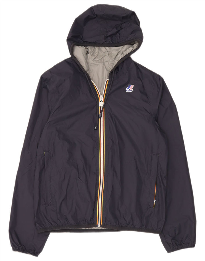 Damska dwustronna kurtka przeciwdeszczowa K-Way z kapturem UK 14, średni granatowy poliamid