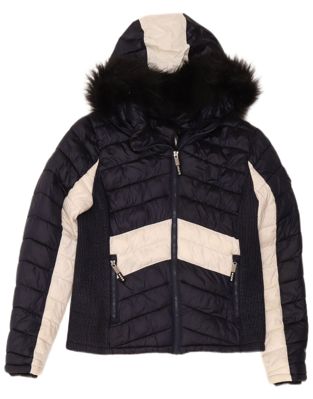 Damska ocieplana kurtka z kapturem Superdry UK 14, duża, granatowa, z blokami kolorów