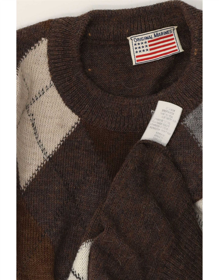 Vintage męski sweter z wycięciem pod szyją, duży brązowy Argyle/diament
