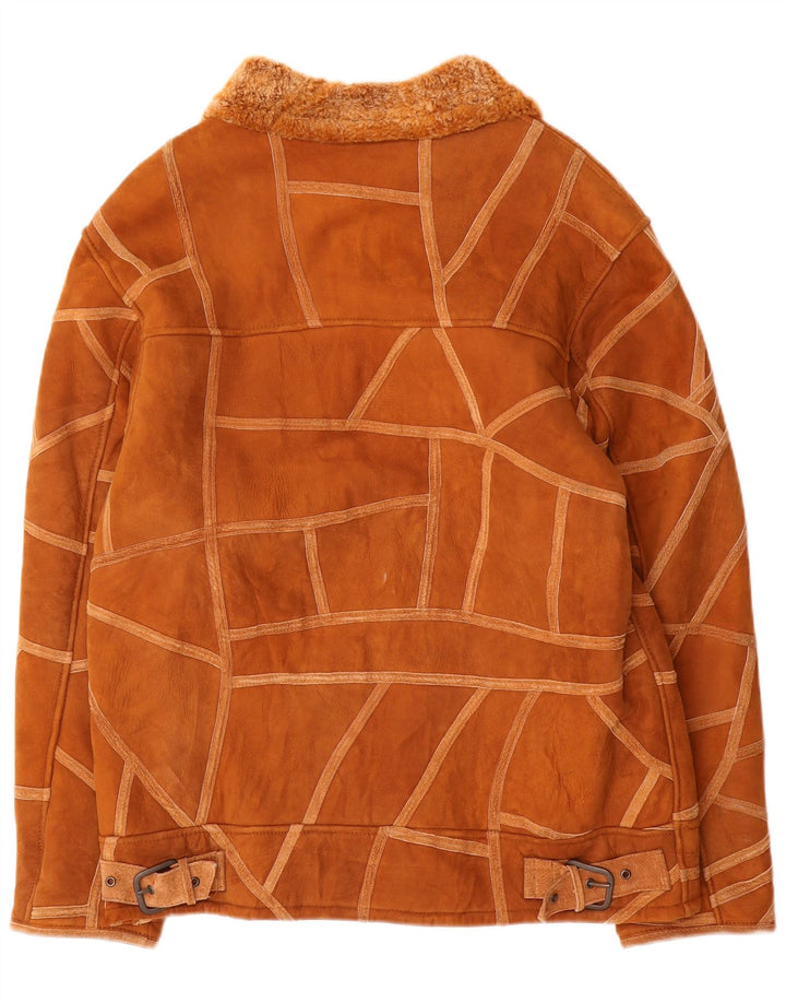 Damska kurtka shearling w stylu vintage UK 14 Średni brązowy geometryczny