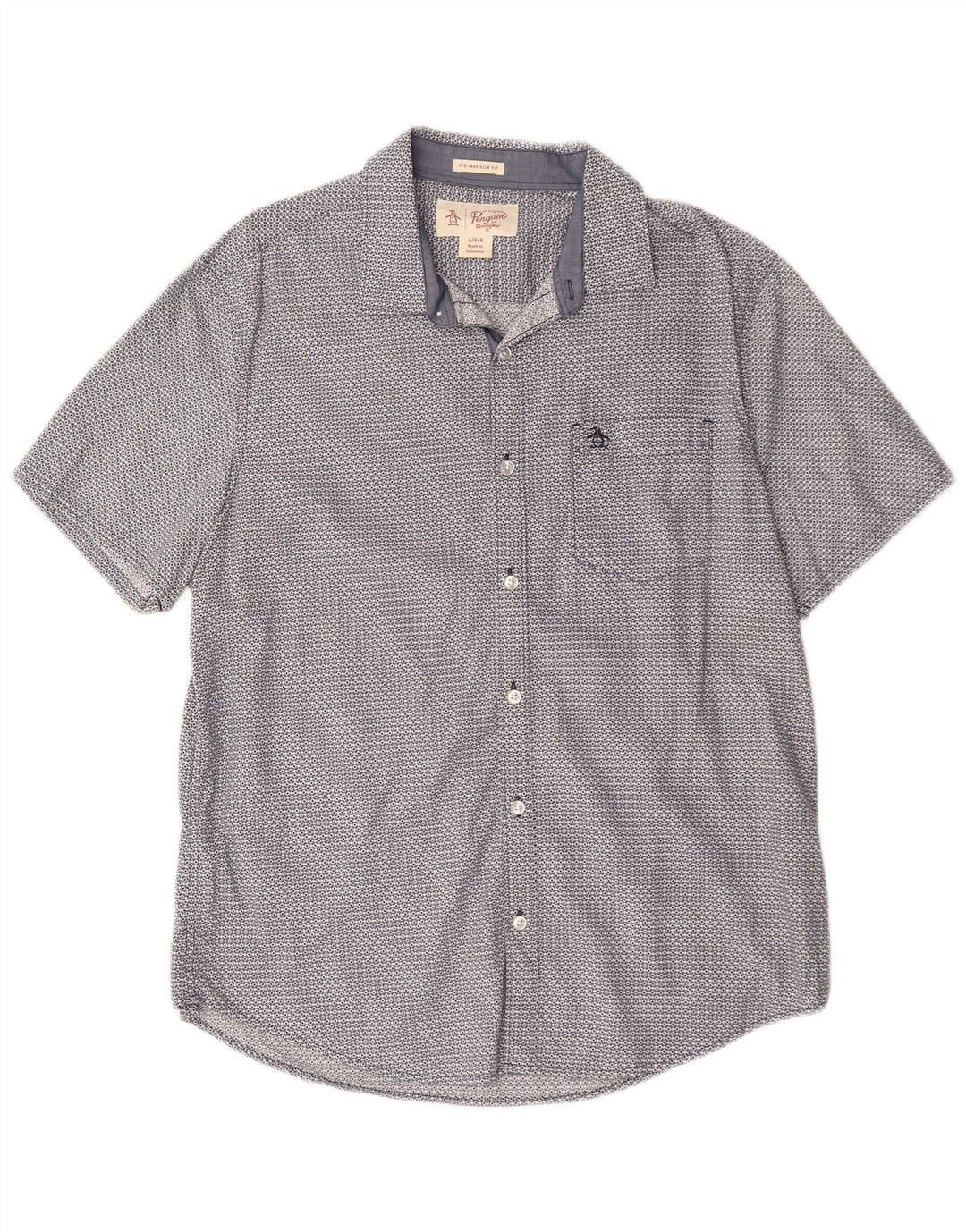 PENGUIN Męska koszula z krótkim rękawem Heritage Slim Fit, duża, niebieska, geometryczna