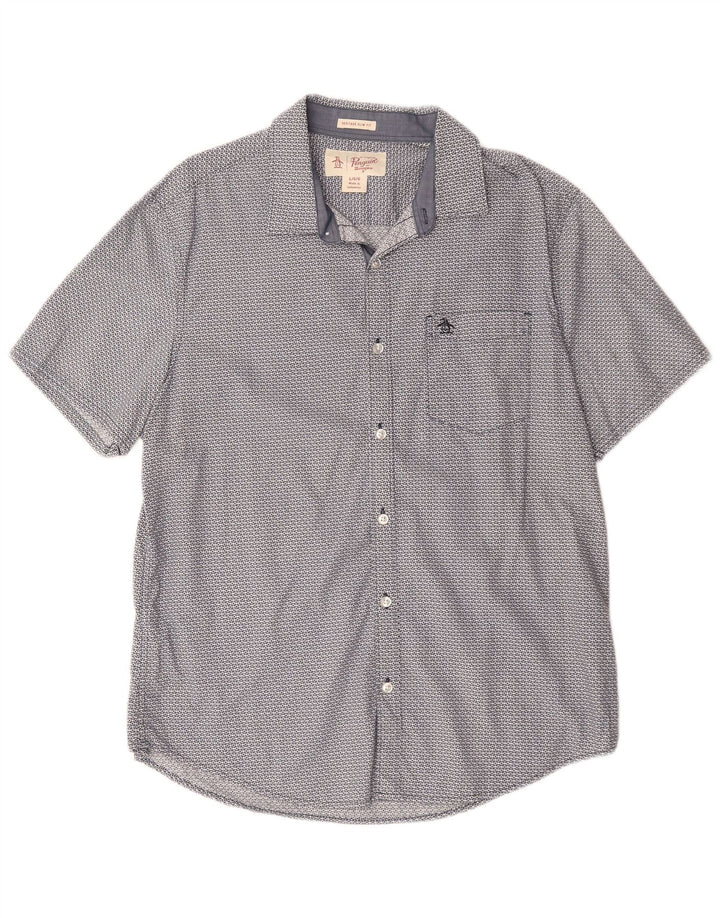 PENGUIN Męska koszula z krótkim rękawem Heritage Slim Fit, duża, niebieska, geometryczna