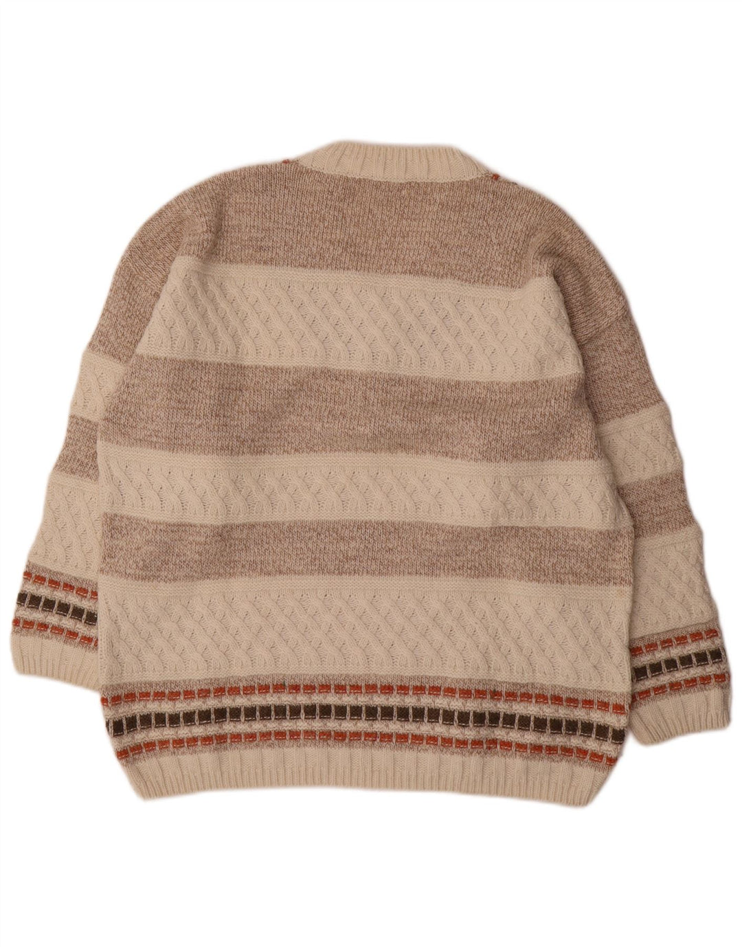 Męski sweter w stylu vintage z dekoltem w szpic, wełniany w średnie beżowe paski