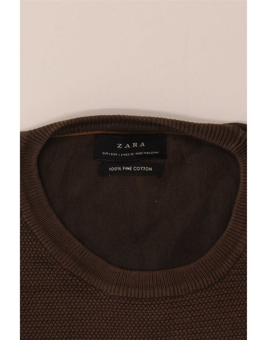 Męski sweter Zara z okrągłym dekoltem, duży, brązowy, bawełniany