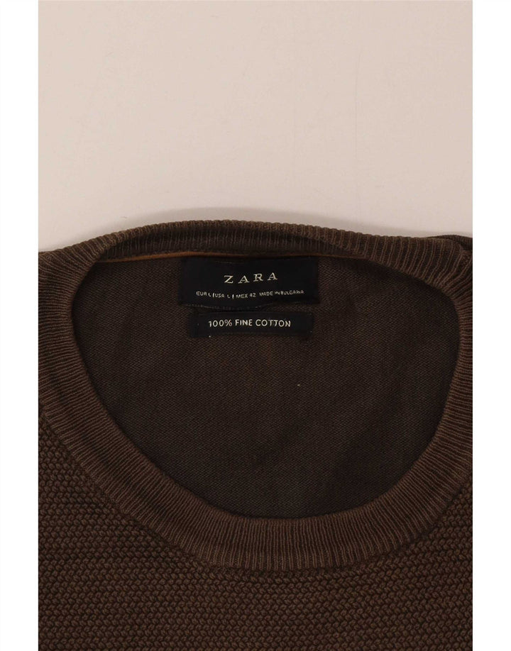 Męski sweter Zara z okrągłym dekoltem, duży, brązowy, bawełniany