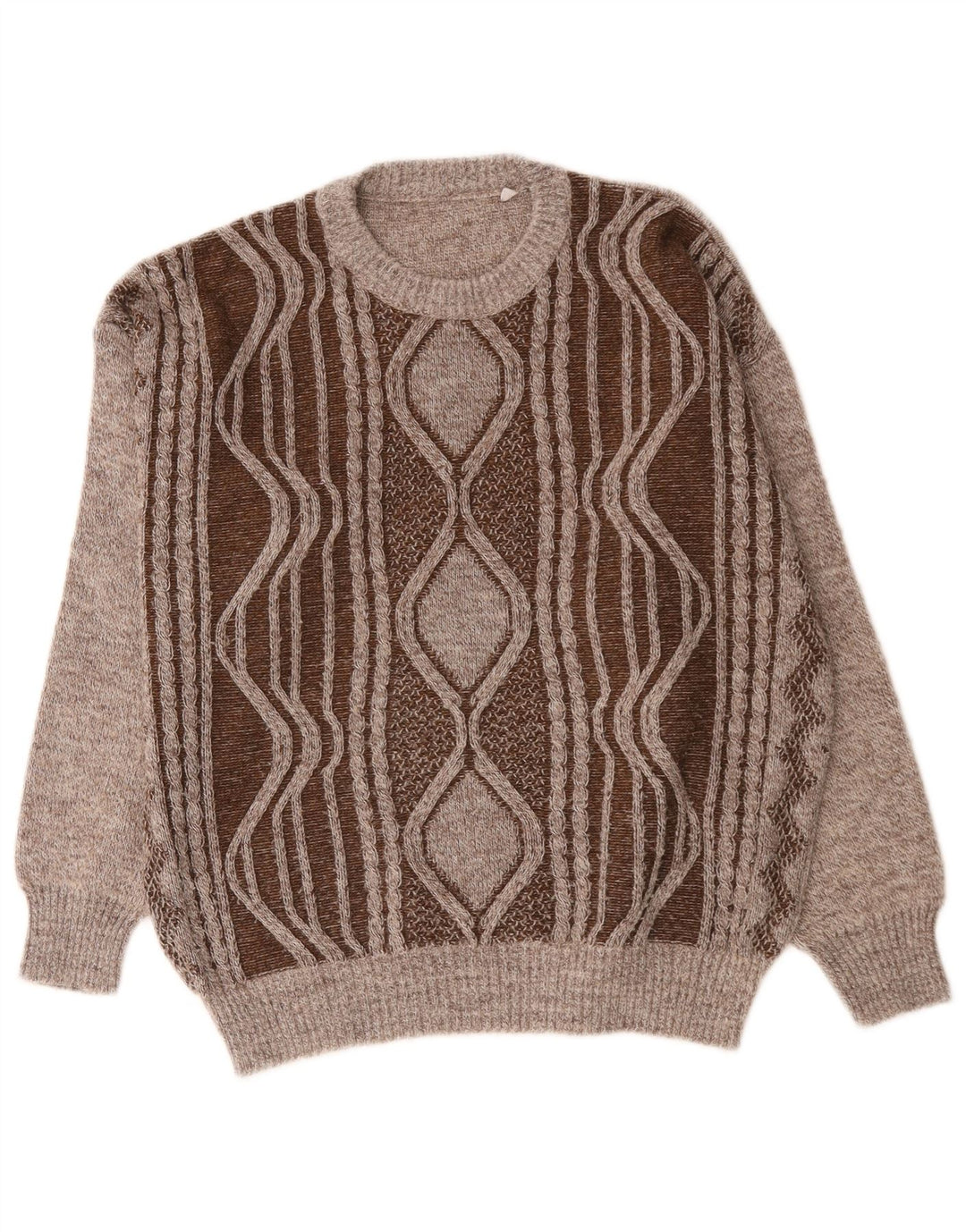Vintage męski sweter z okrągłym dekoltem, duży brązowy geometryczny